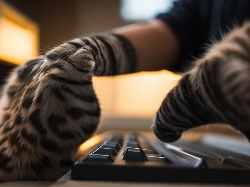 Eine Katzenpfote drückt die Enter-Taste auf einer Laptop-Tastatur.
