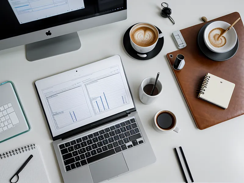Nahaufnahme eines Bildschirms mit E-Mail-Marketing-Automatisierung und Notizbuch.