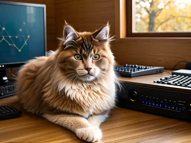 Katze schläft auf dem Schreibtisch neben einem Laptop