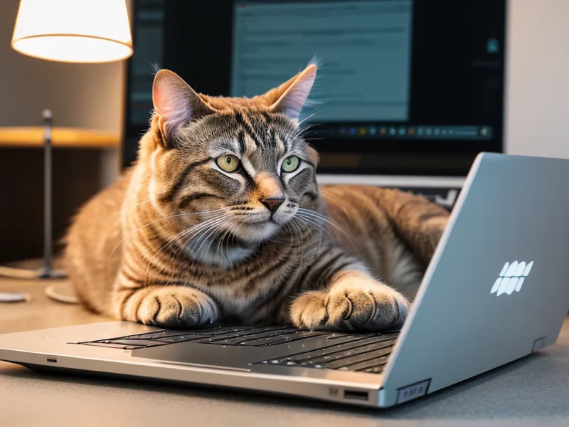 Nahaufnahme eines Laptops mit einer Tag-basierten E-Mail-Automation und schlafender Katze im Hintergrund.