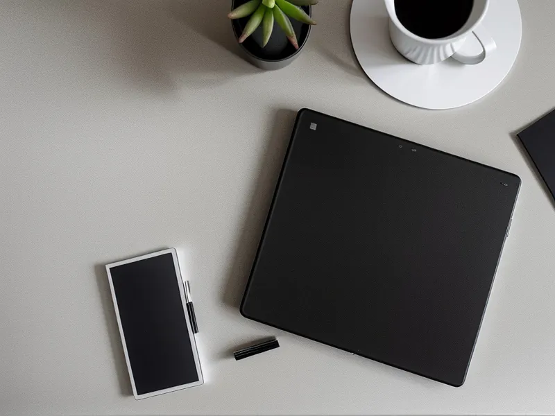 Minimalistischer Schreibtisch mit Tablet und Preisvergleichstabelle.