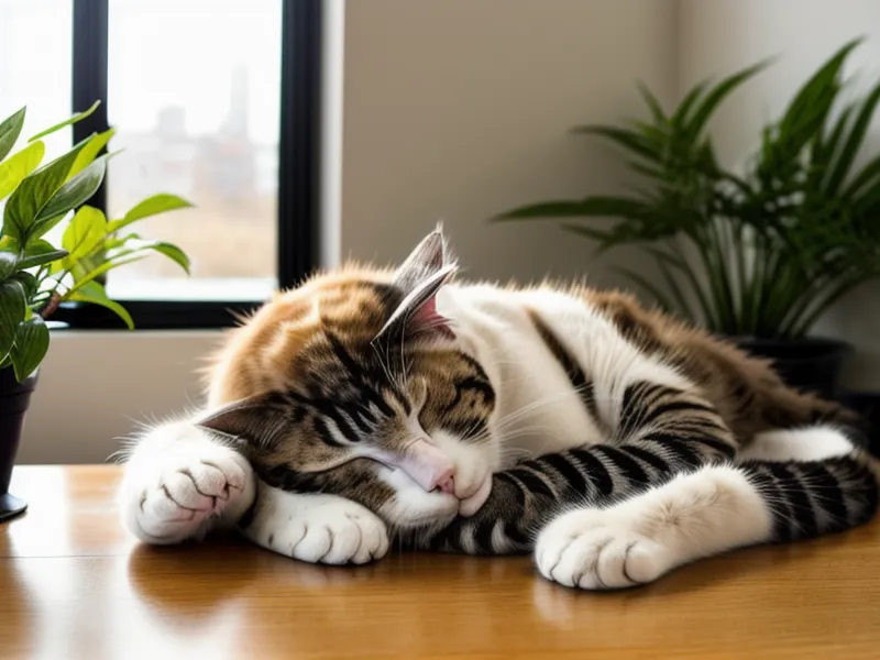 Schlafende Katze auf einem Schreibtisch im Homeoffice während der Arbeit an E-Mail-Kampagnen.