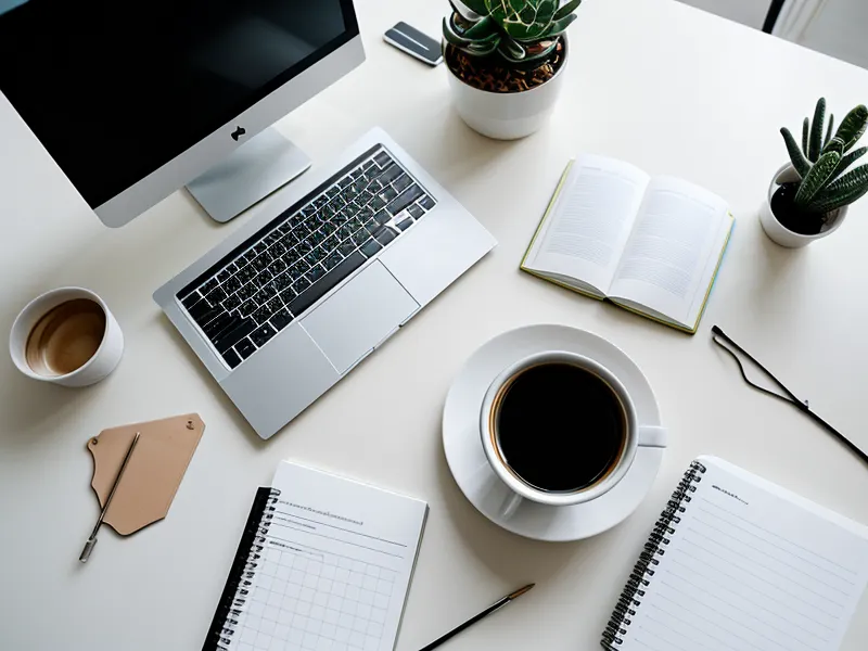 Minimalistischer Schreibtisch mit Notizbuch und Tablet für Marketing-Planung